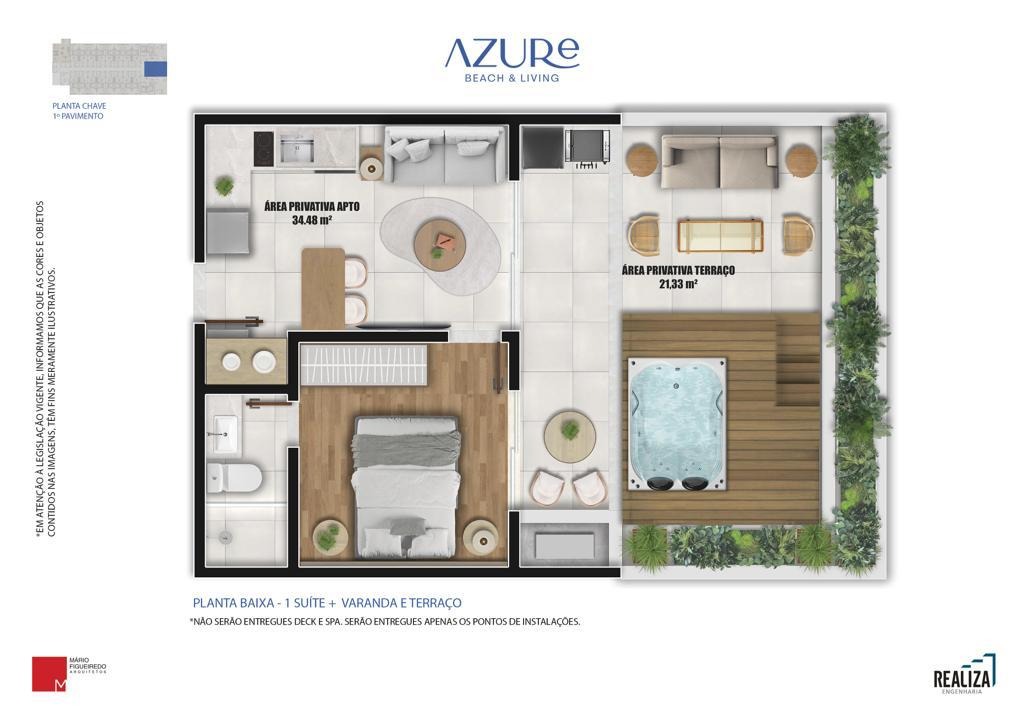 1 Suite - Frontal with Terrace and Balcony Plan
